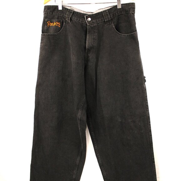 77'S HIP HOP BLACK EMBROIDERED PATCH BAGGY CARPENTER SK8R JEANS SZ Lg GRUNGE